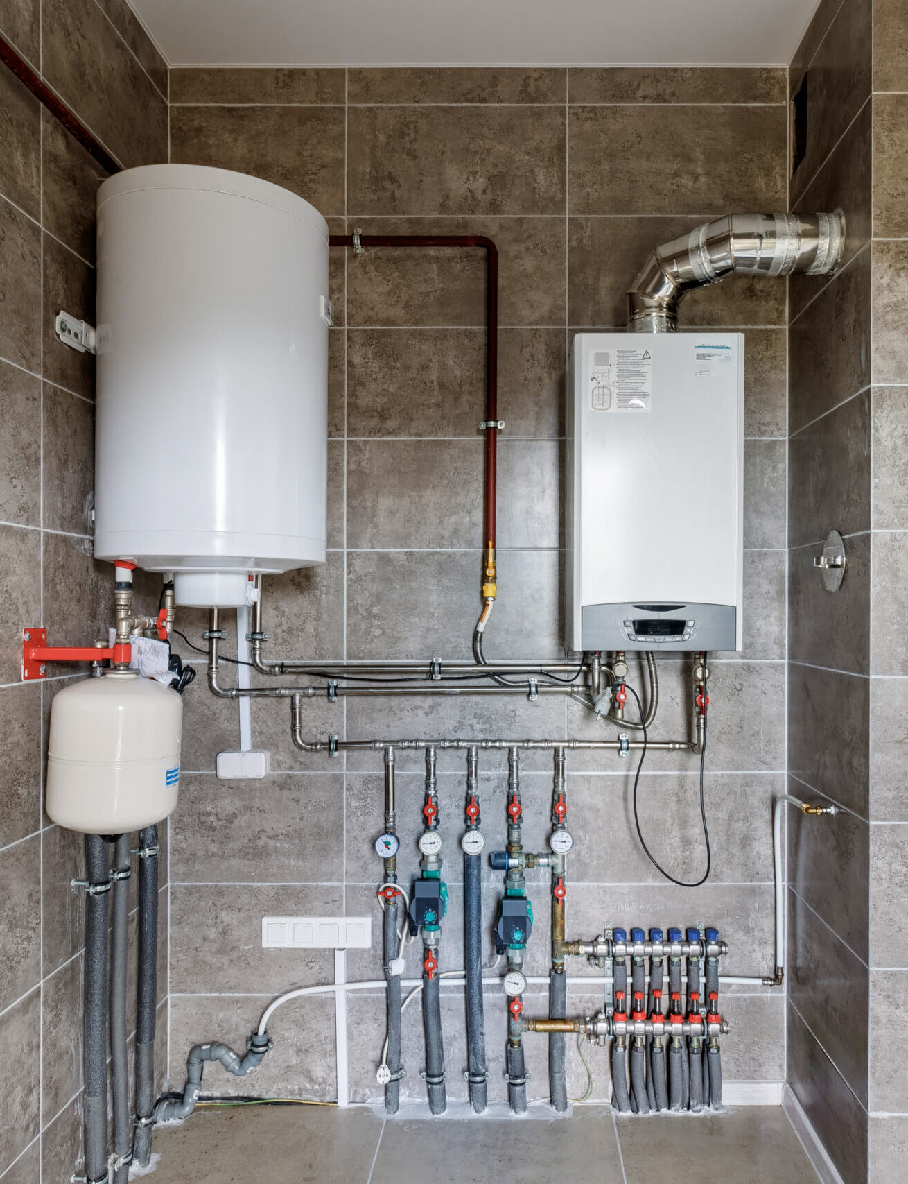 Copper valves, stainless ball valves, detectors of water pressure and plastic pipes of central heating system and water pipes with thermal insulation in the boiler room in apartment during under.